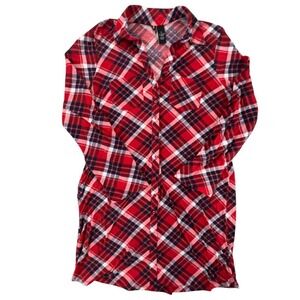 Kristin Nicole Red Plaid Button Down Shirt Dress Long Sleeve Roll Tab Size L